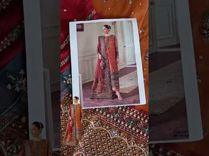 Rust Orange Chiffon Embroidered Partywear Suit with Zari Work