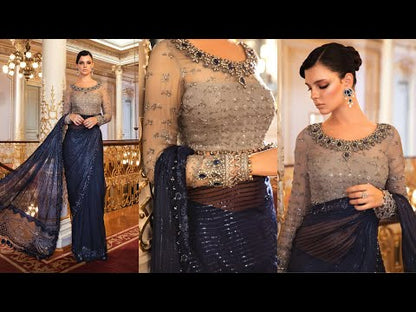 Ink Blue and Coffee Chiffon Saree