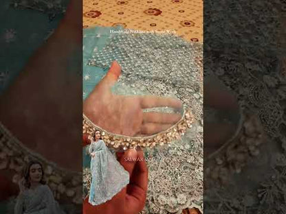 Sky Blue Wedding Saree with Stone & Pearl Work