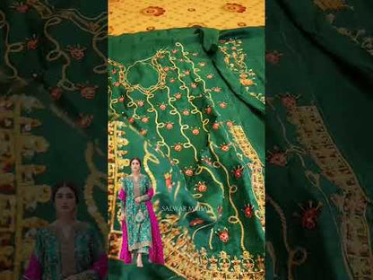 Turquoise Handmade Raw Silk Suit with Shocking Pink Dupatta