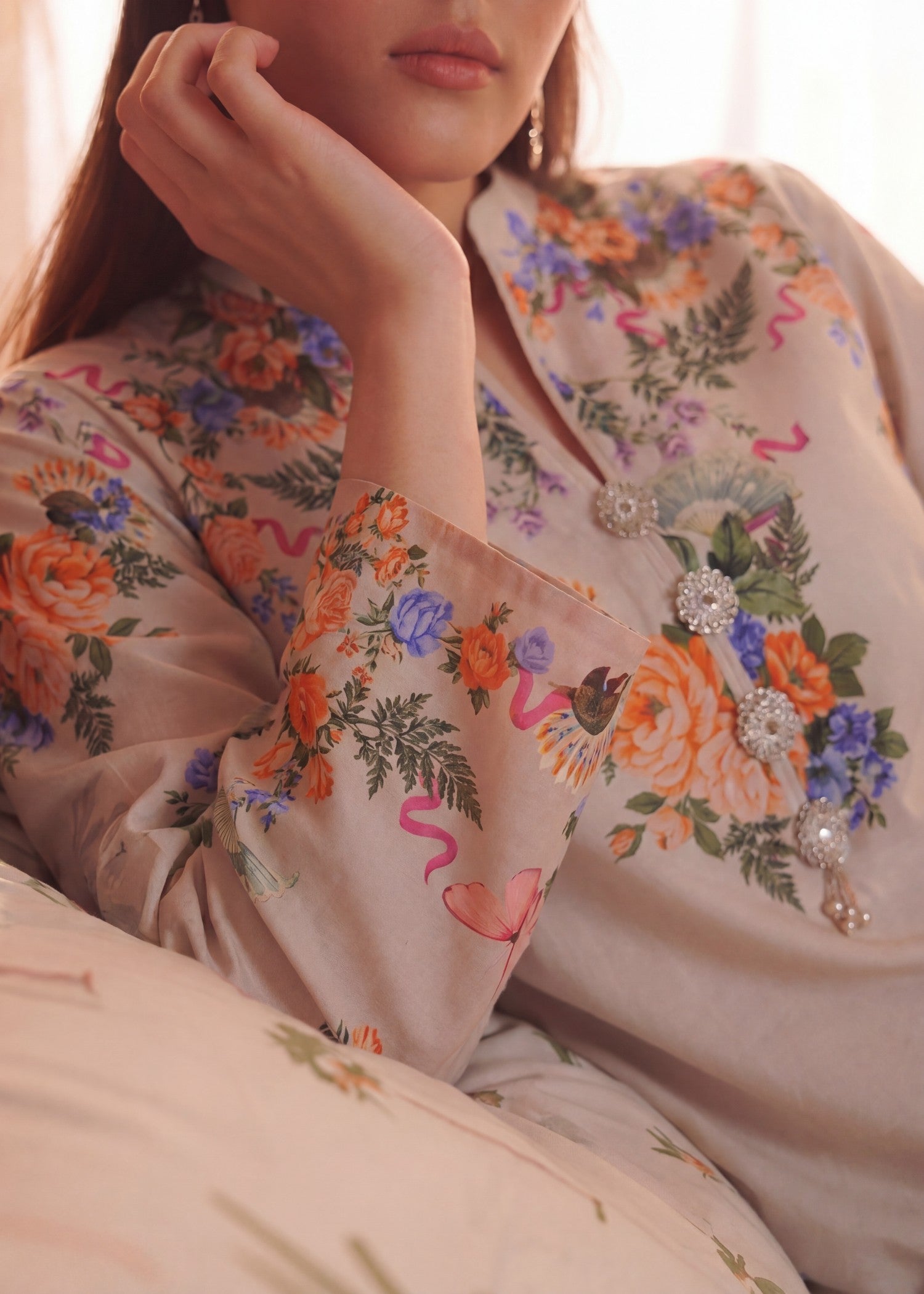 Printed Beige Lawn Unstitched Suit Online in Sri Lanka India Australia