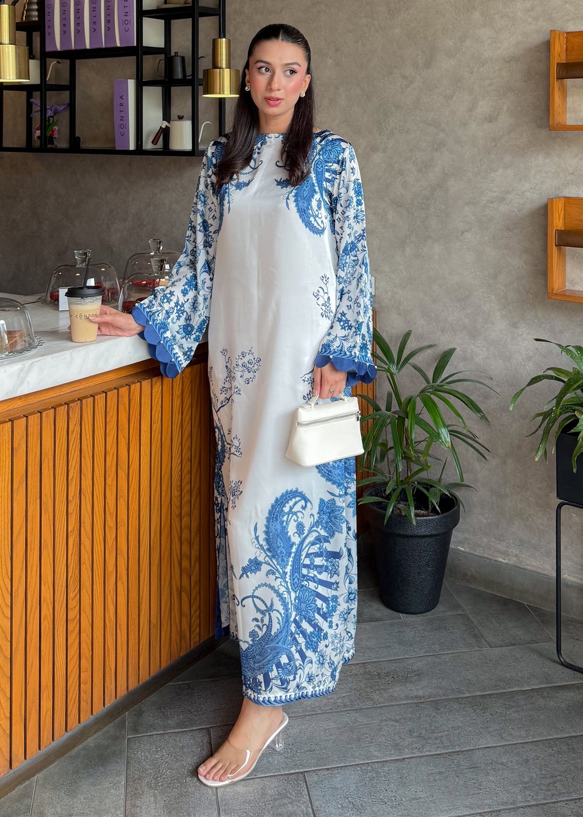 Printed Blue Satin Silk Kaftan Dress Online in KSA Riyadh Saudi Arabia Oman Bahrain Qatar