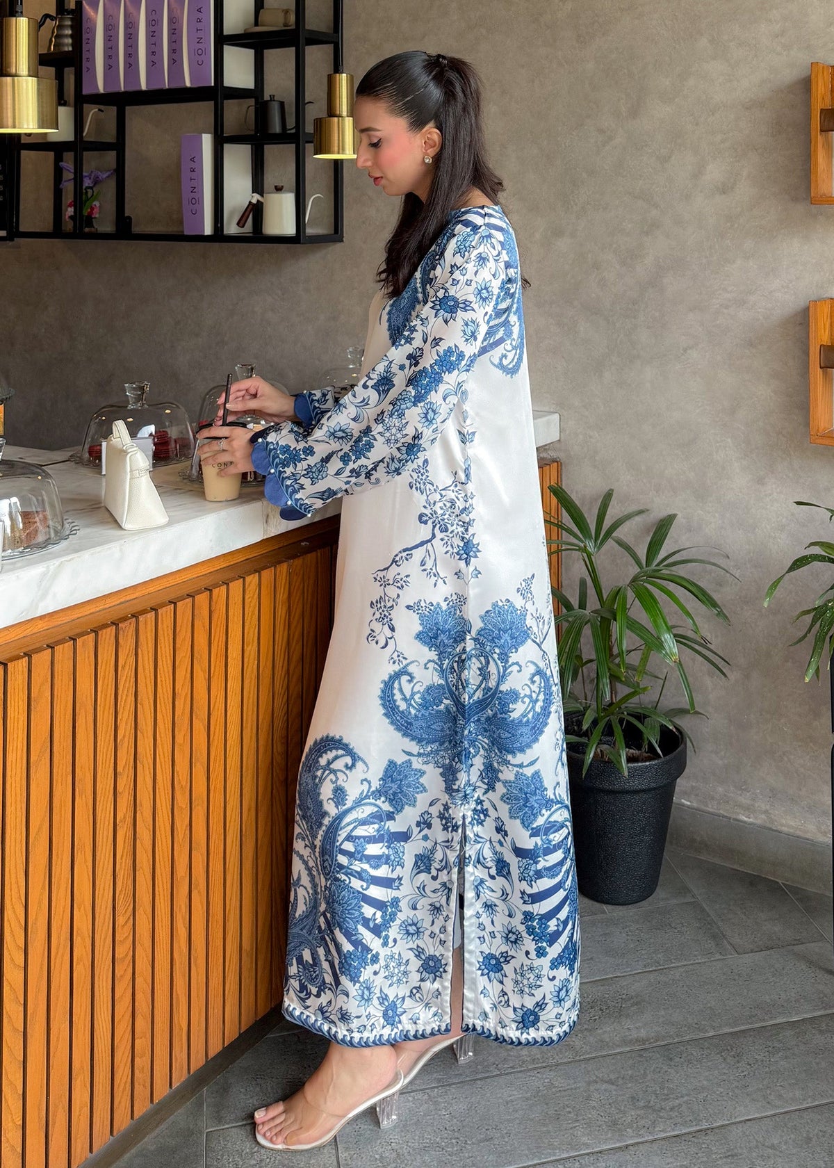 Printed Blue Satin Silk Kaftan Online in Dubai DXB UAE Abudhabi Meena Bazaar