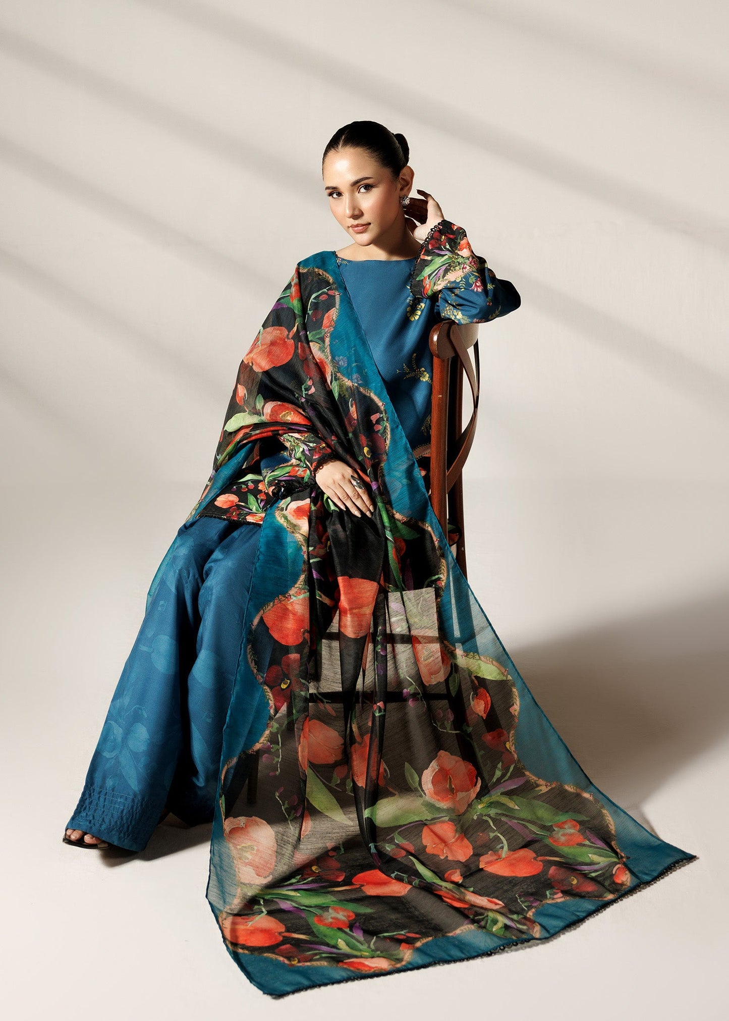Printed Farshi Shalwar Steel Teal Silk Finish Lawn Online in KSA Riyadh Saudi Arabia Oman Bahrain Qatar