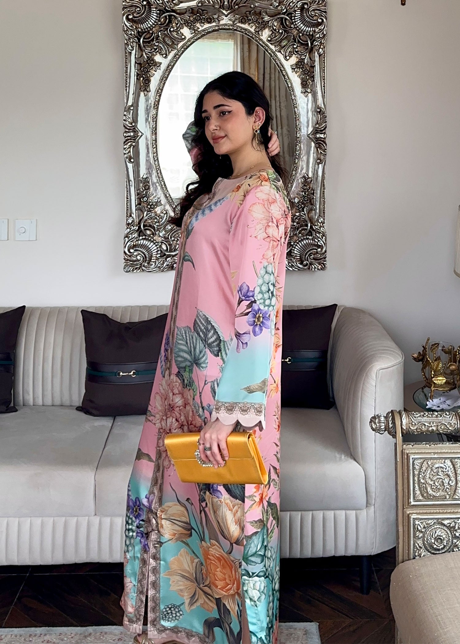 Printed Kaftan in Satin Silk for Party Wear Online in Sri Lanka India Australia
