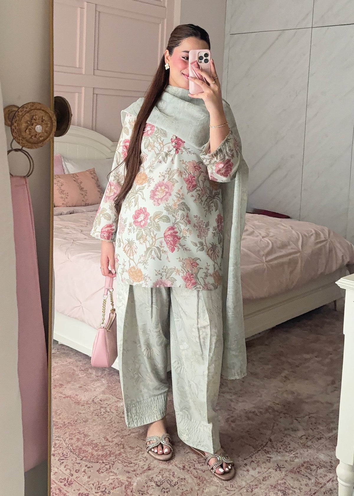 Printed Mint Green Farshi Shalwar with Chiffon Dupatta Online in Dubai UAE Abudhabi Ajman Sharjah