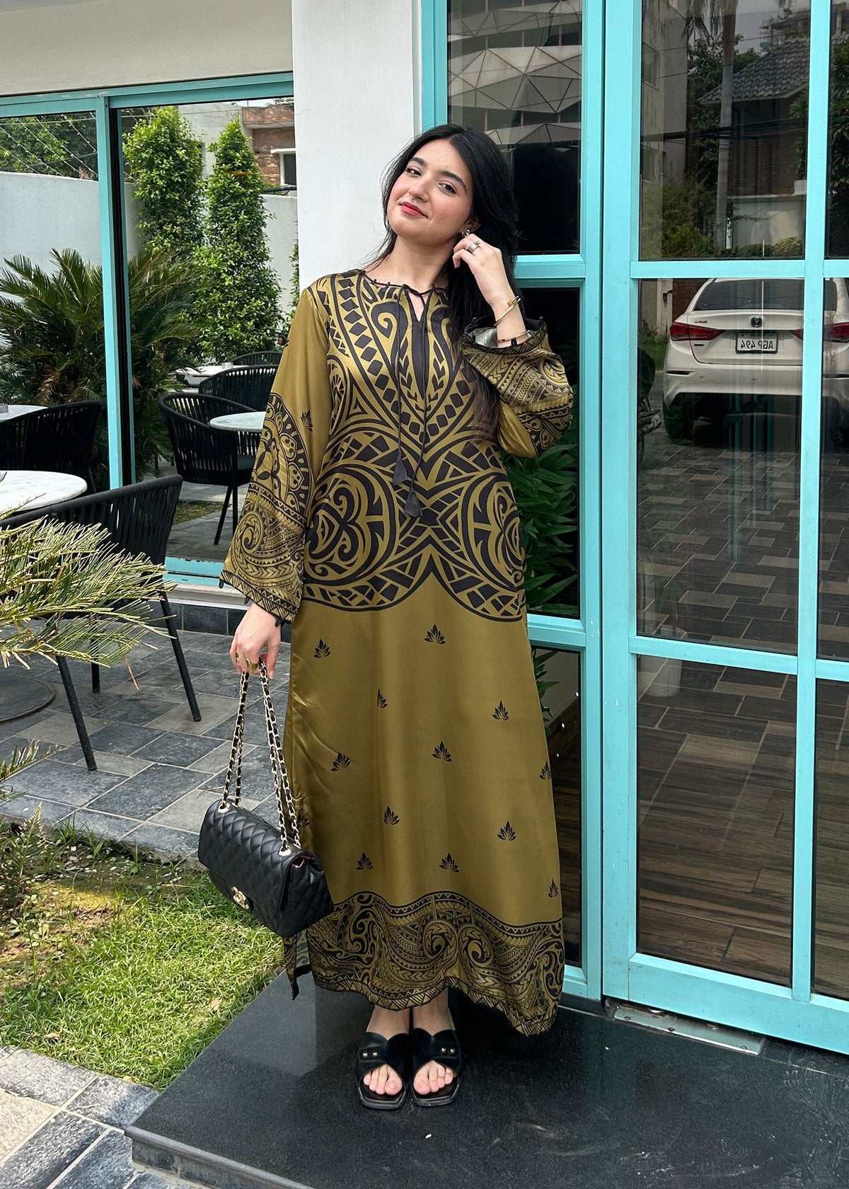 Printed Olive Green Satin Silk Kaftan Online in KSA Riyadh Saudi Arabia Oman Bahrain Qatar