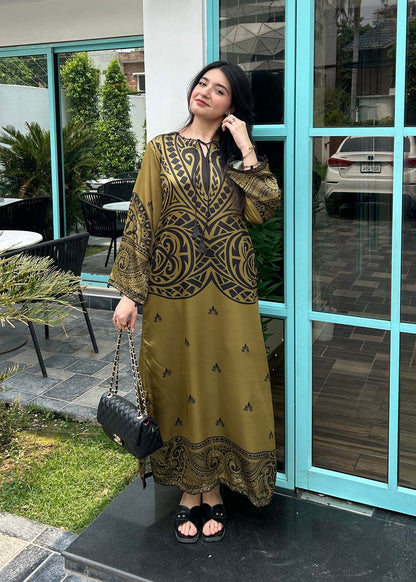 Printed Olive Green Satin Silk Kaftan Online in KSA Riyadh Saudi Arabia Oman Bahrain Qatar