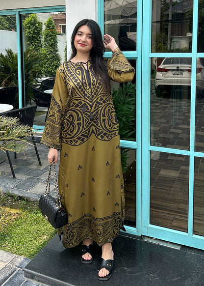 Printed Olive Green Satin Silk Kaftan Online in KSA Riyadh Saudi Arabia Oman Bahrain Qatar