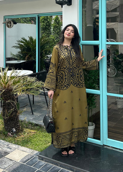 Printed Olive Green Satin Silk Kaftan Online in KSA Riyadh Saudi Arabia Oman Bahrain Qatar