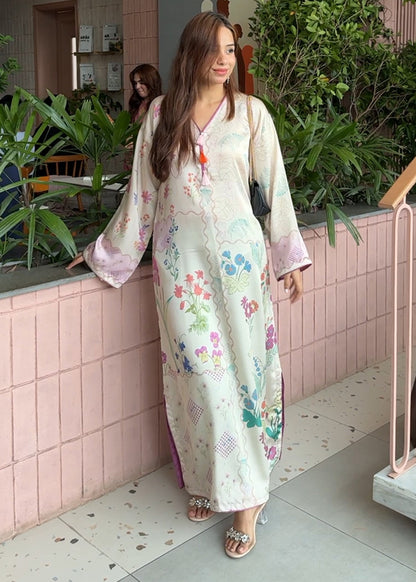 Printed Satin Silk Loose Fit Kaftan Online in KSA Riyadh Saudi Arabia Oman Bahrain Qatar