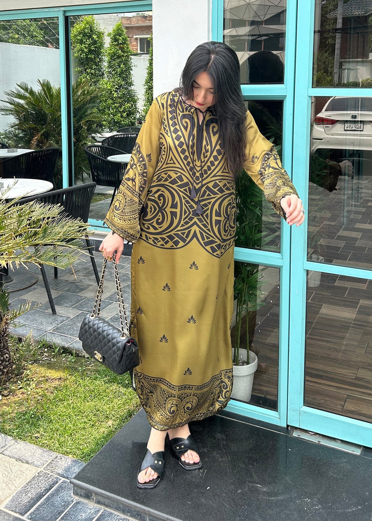 Printed Satin Silk Olive Green Kaftan Online in Dubai DXB UAE Abudhabi Meena Bazaar