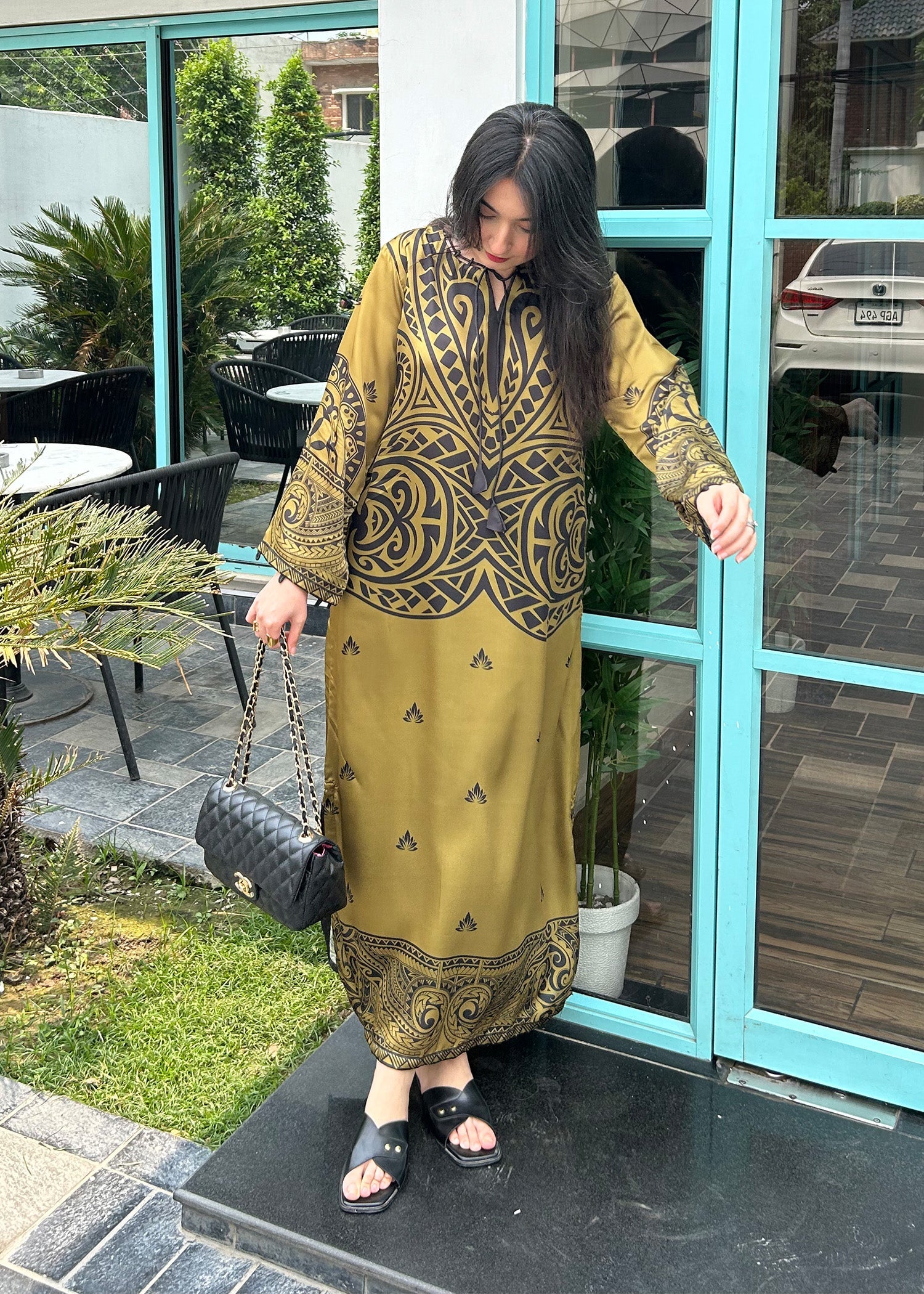 Printed Satin Silk Olive Green Kaftan Online in Dubai DXB UAE Abudhabi Meena Bazaar