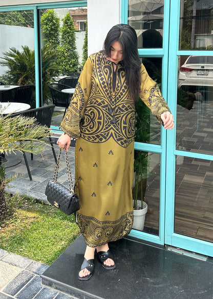 Printed Satin Silk Olive Green Kaftan Online in Dubai DXB UAE Abudhabi Meena Bazaar