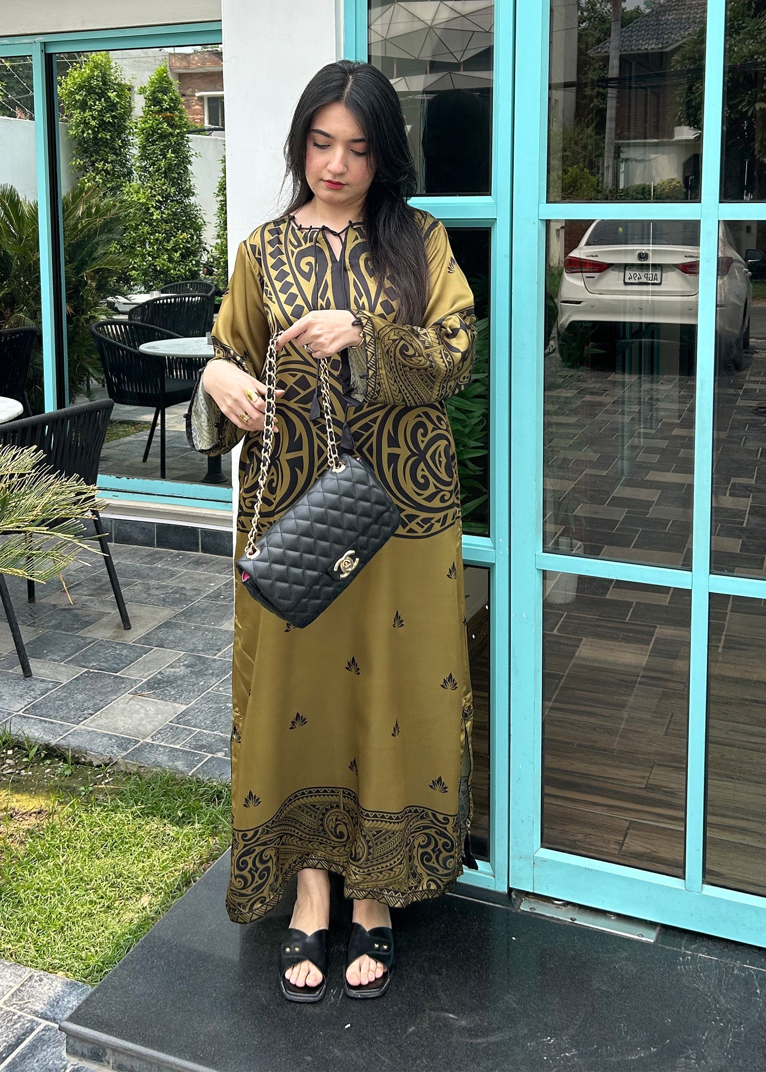Printed Satin Silk Olive Green Kaftan Online in Dubai DXB UAE Abudhabi Meena Bazaar