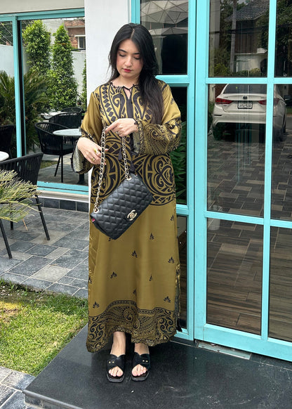 Printed Satin Silk Olive Green Kaftan Online in Dubai DXB UAE Abudhabi Meena Bazaar