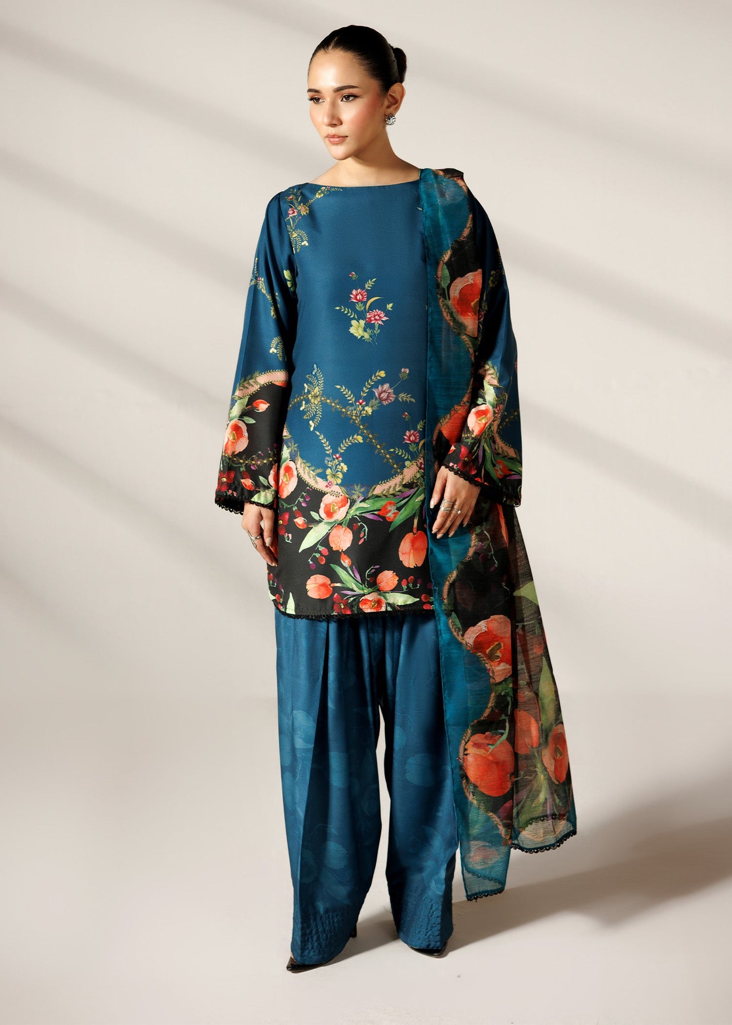 Printed Steel Teal Farshi Shalwar with Manaar Dupatta Online in Dubai UAE Abudhabi Ajman Sharjah