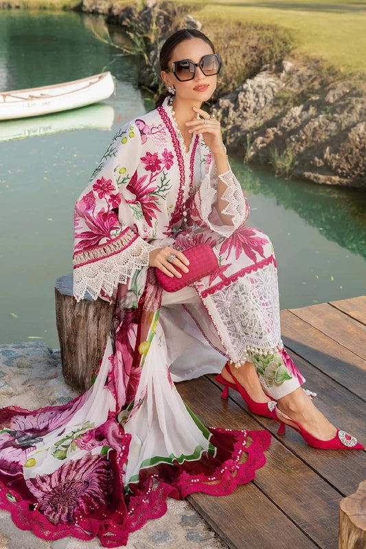 White & Pink Pure Lawn Suit with Chiffon Dupatta