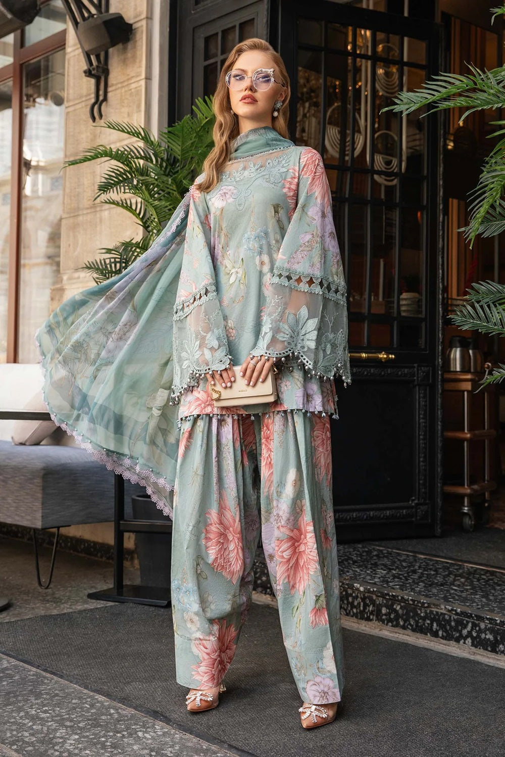 Ice Blue Lawn Suit with Chiffon Dupatta