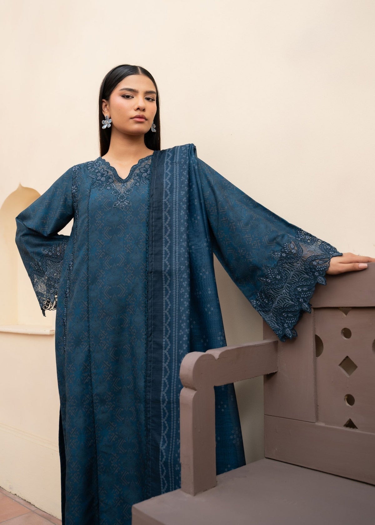 Prussian Blue A-Line Kurta Plazzo Set with Manaar Dupatta Online in Dubai UAE Abudhabi Ajman Sharjah