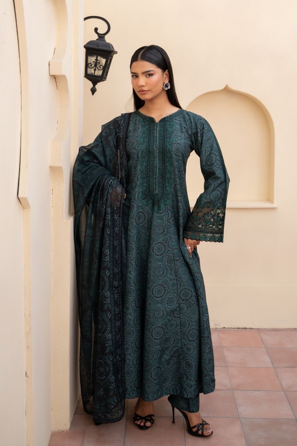 Prussian Blue Embroidered Blended Khaddar Maxi Online in Dubai UAE Abudhabi Ajman Sharjah