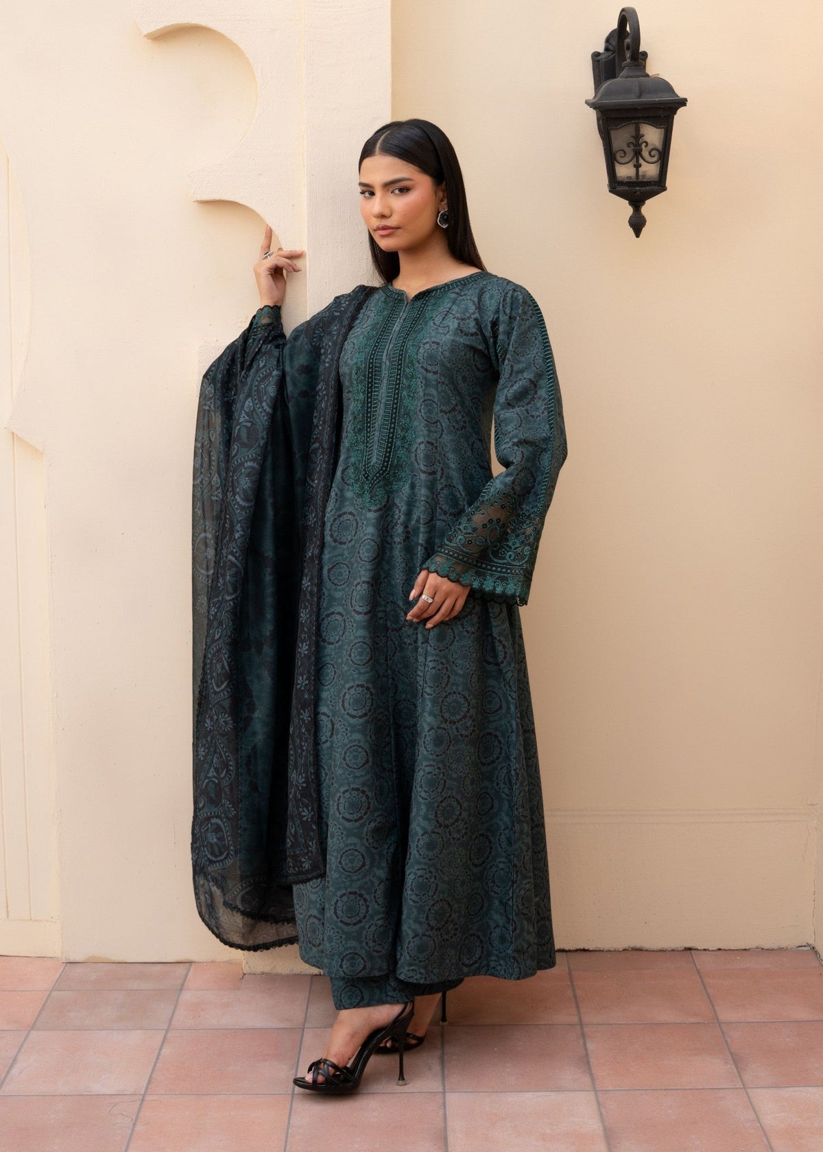 Prussian Blue Embroidered Blended Khaddar Maxi Online in Dubai UAE Abudhabi Ajman Sharjah
