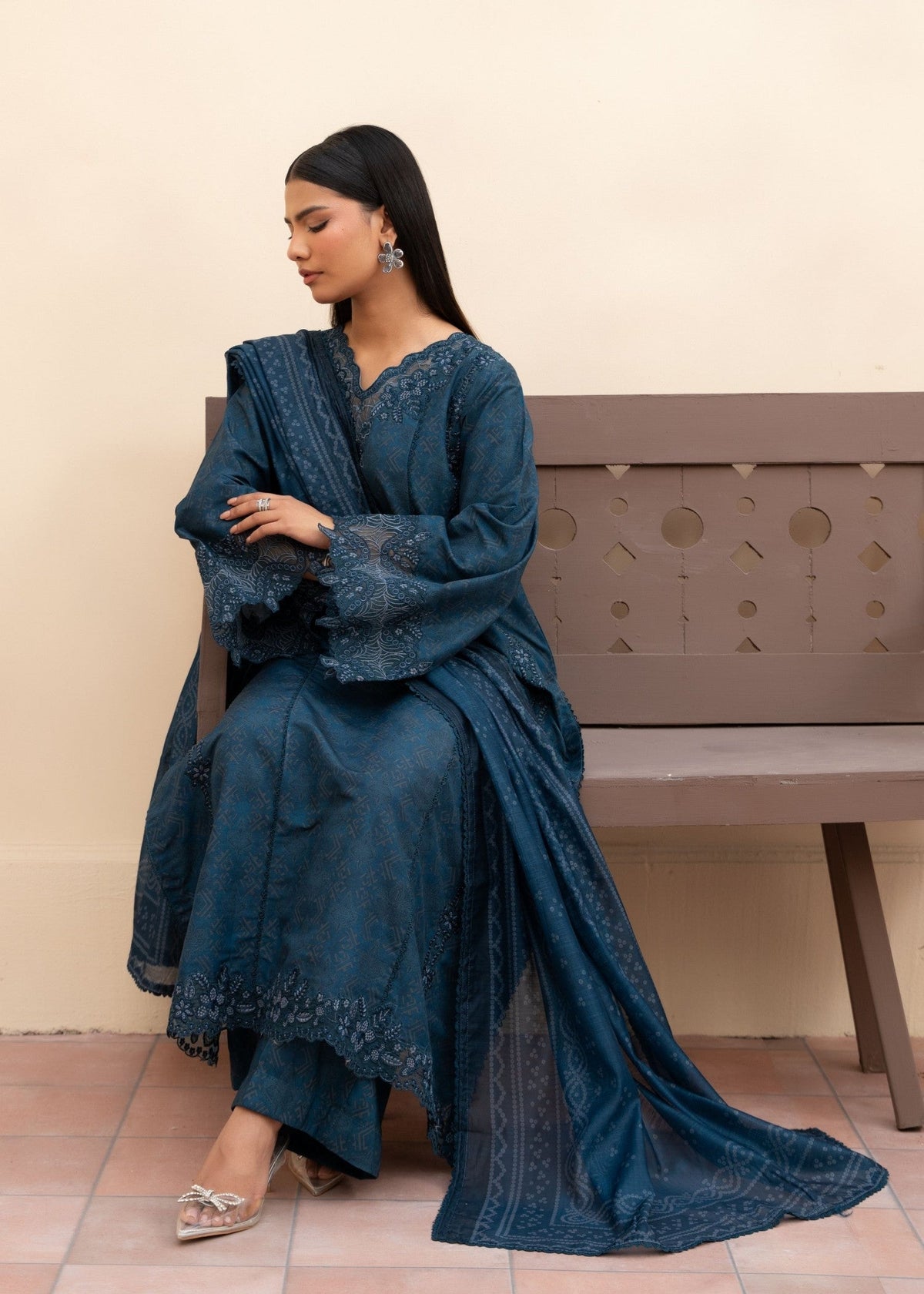 Prussian Blue Embroidered Blended Khaddar Pakistani Clothes Online in Dubai DXB UAE Abudhabi Meena Bazaar