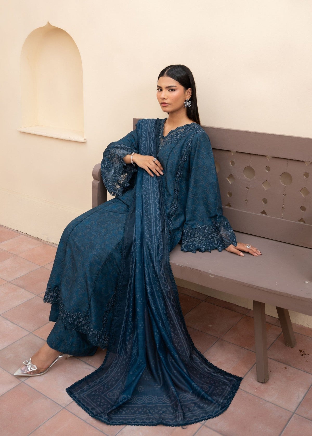 Prussian Blue Embroidered Khaddar 3 Piece Suit Online in UK USA Canada