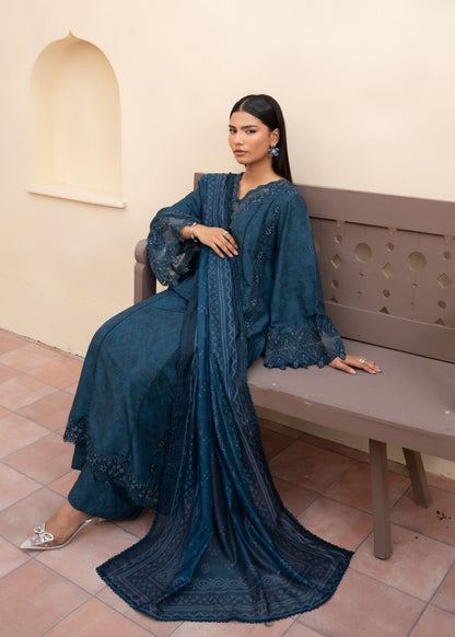 Prussian Blue Embroidered Khaddar 3 Piece Suit Online in UK USA Canada