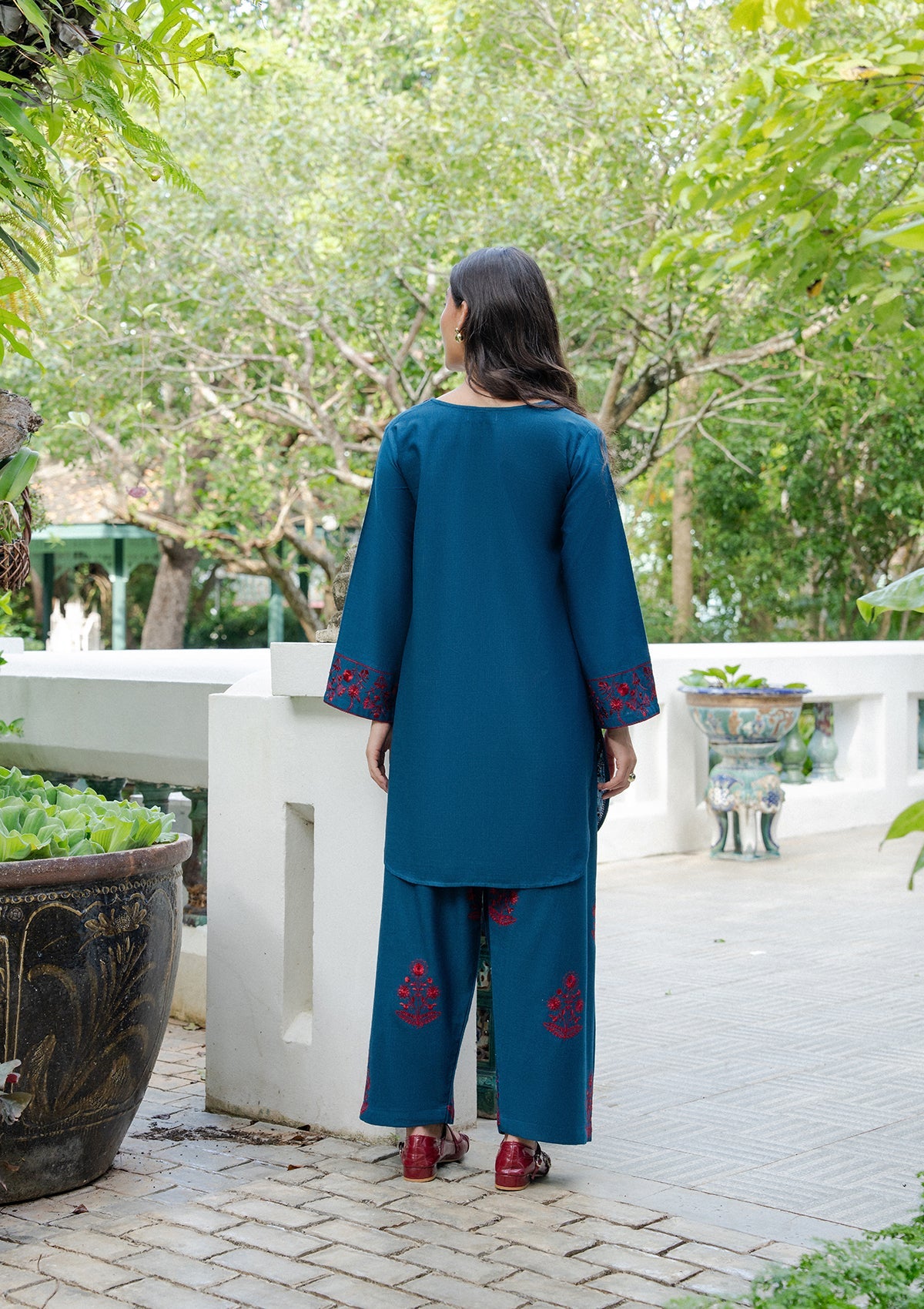 Prussian Blue Embroidered Khaddar Kurta Set Online in Dubai DXB UAE Abudhabi Meena Bazaar