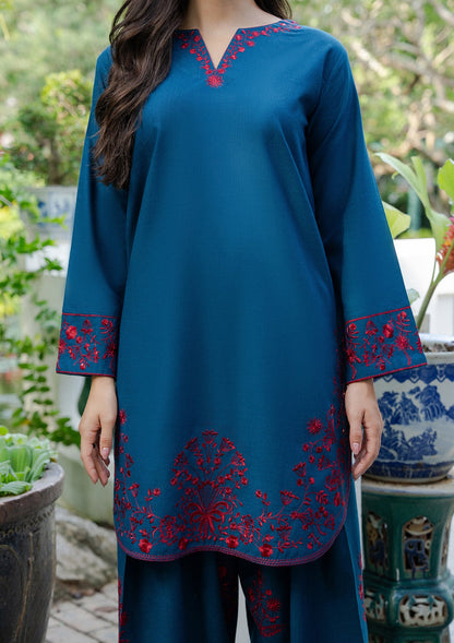 Prussian Blue Embroidered Khaddar Kurta Set Online in Dubai DXB UAE Abudhabi Meena Bazaar