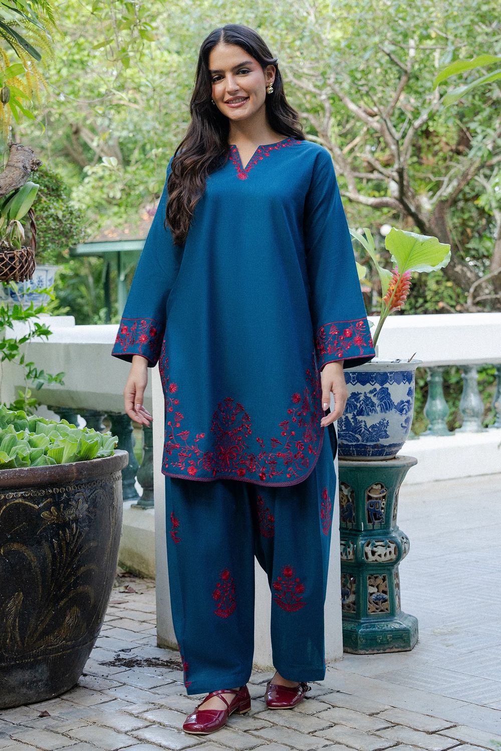 Prussian Blue Embroidered Khaddar Kurta Set Online in Dubai UAE Abudhabi Ajman Sharjah