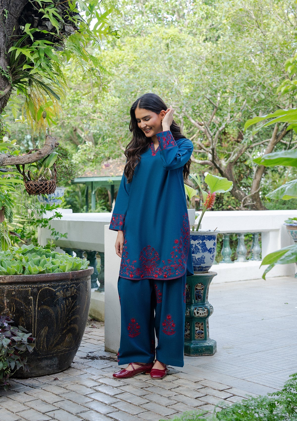 Prussian Blue Embroidered Khaddar Kurta Set Online in Dubai UAE Abudhabi Ajman Sharjah
