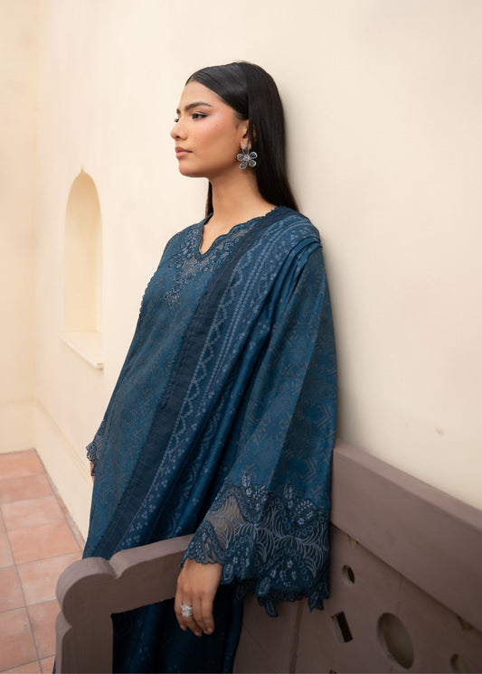 Prussian Blue Embroidered Khaddar Pakistani Designer Suits Online in Dubai DXB UAE Abudhabi Meena Bazaar