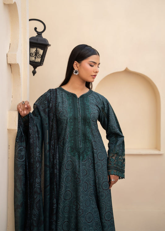 Prussian Blue Embroidered Khaddar Pakistani Suit Online in Dubai DXB UAE Abudhabi Meena Bazaar