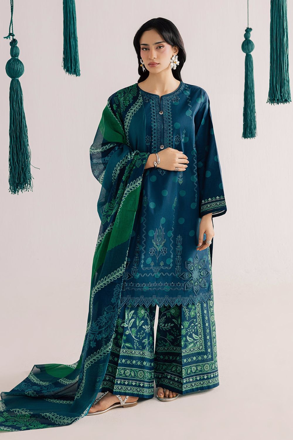 Prussian Blue Embroidered Lawn Kurta Set Online in Dubai UAE Abudhabi Ajman Sharjah