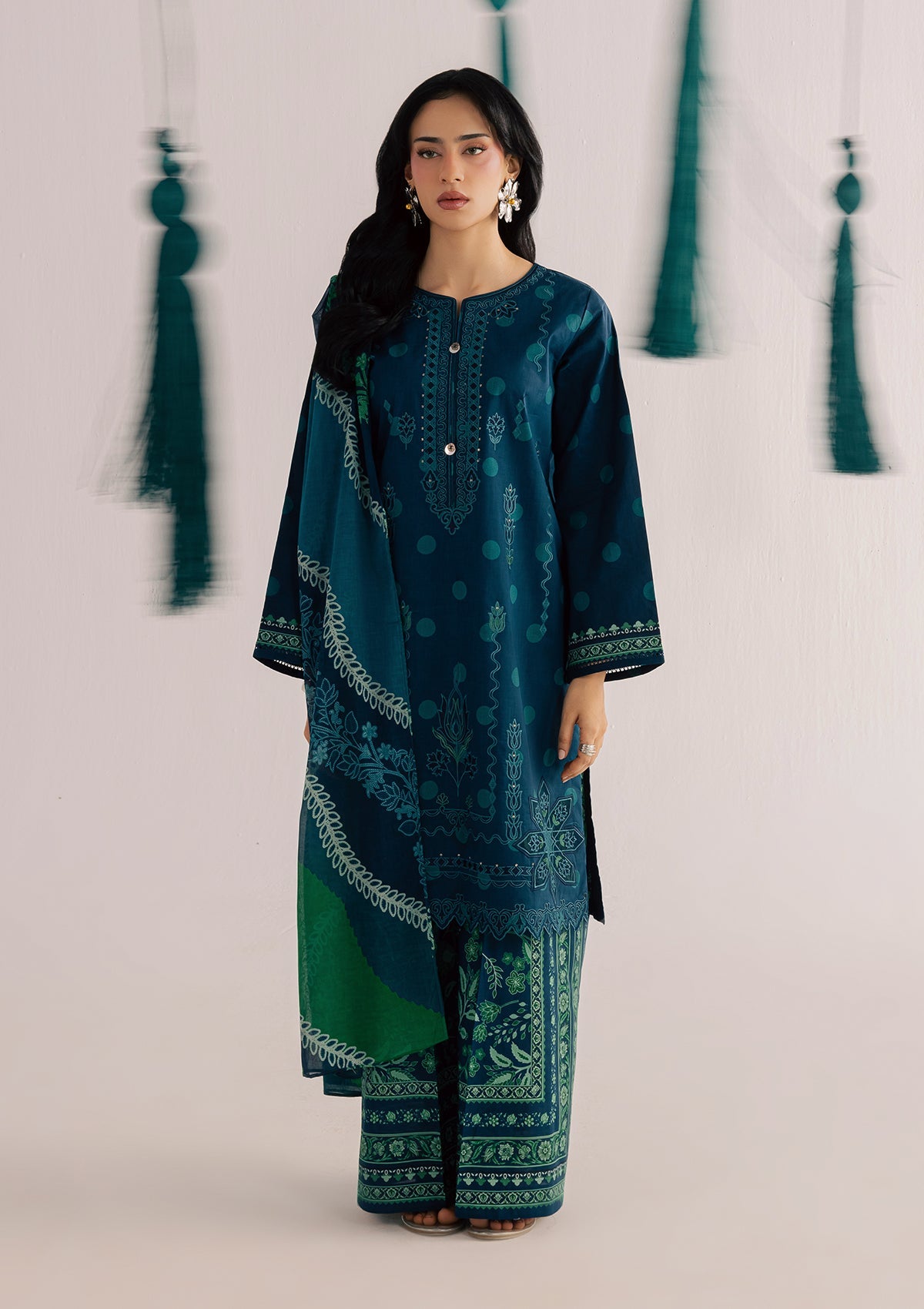 Prussian Blue Embroidered Lawn Straight Kurta Set Online in Dubai DXB UAE Abudhabi Meena Bazaar