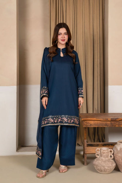 Prussian Blue Embroidered Viscose Raw Silk Farshi Shalwar Online in Dubai UAE Abudhabi Ajman Sharjah