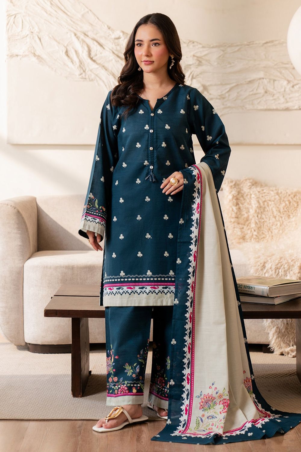 Prussian Blue Printed Khaddar 3 Piece Winter Suit Online in Dubai UAE Abudhabi Ajman Sharjah