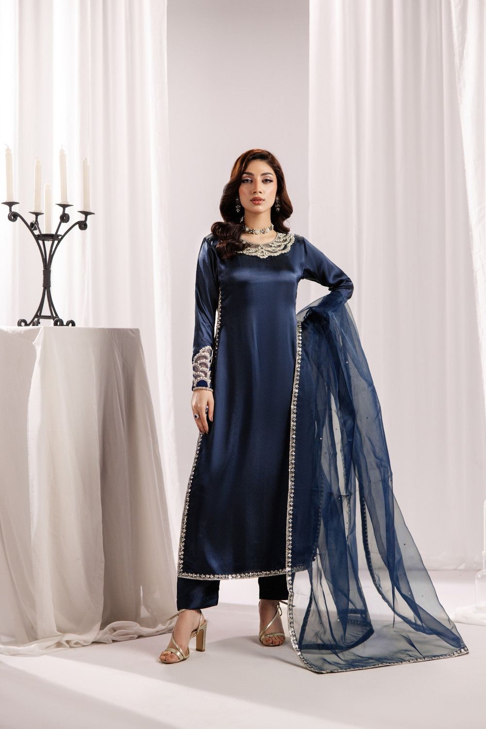 Prussian Blue Silk Adda Work Festive Kurta Set Online in Dubai UAE Abudhabi Ajman Sharjah