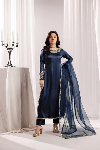 Prussian Blue Silk Adda Work Festive Kurta Set Online in Dubai UAE Abudhabi Ajman Sharjah