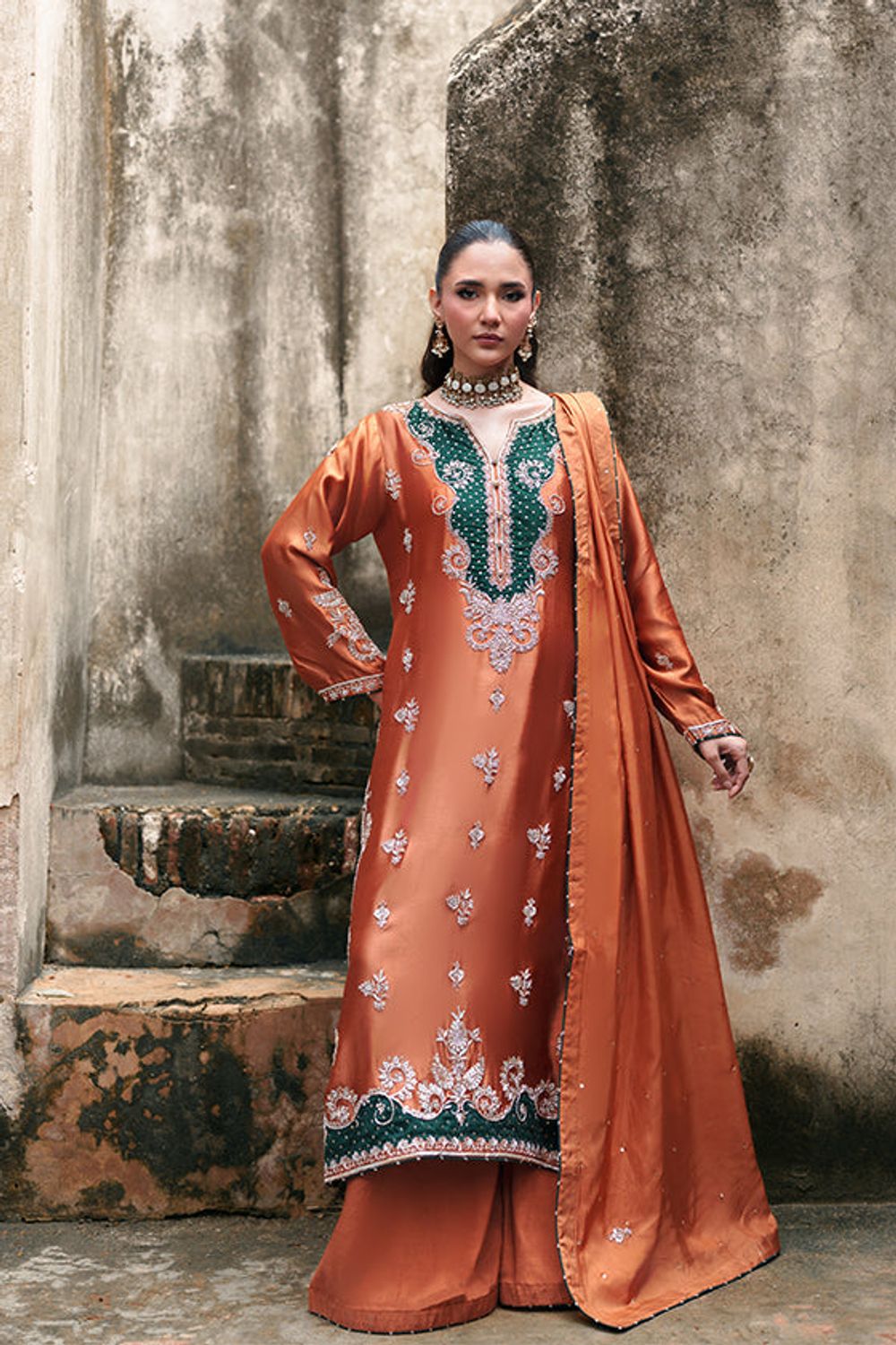 Pumpkin Orange Hand Embroidered Charmuse Silk Partywear Suit Online in Dubai UAE Abudhabi Ajman Sharjah