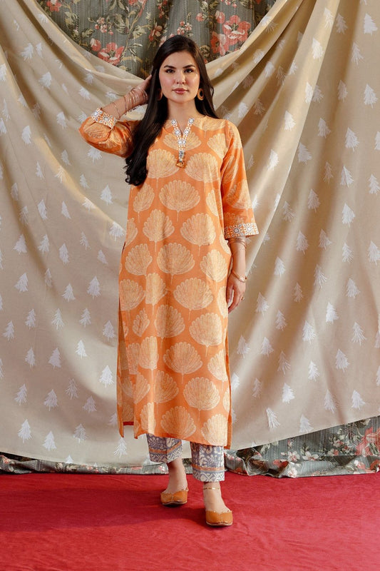 Pumpkin Orange Printed Lawn Kurta Set Online in Dubai UAE Abudhabi Ajman Sharjah