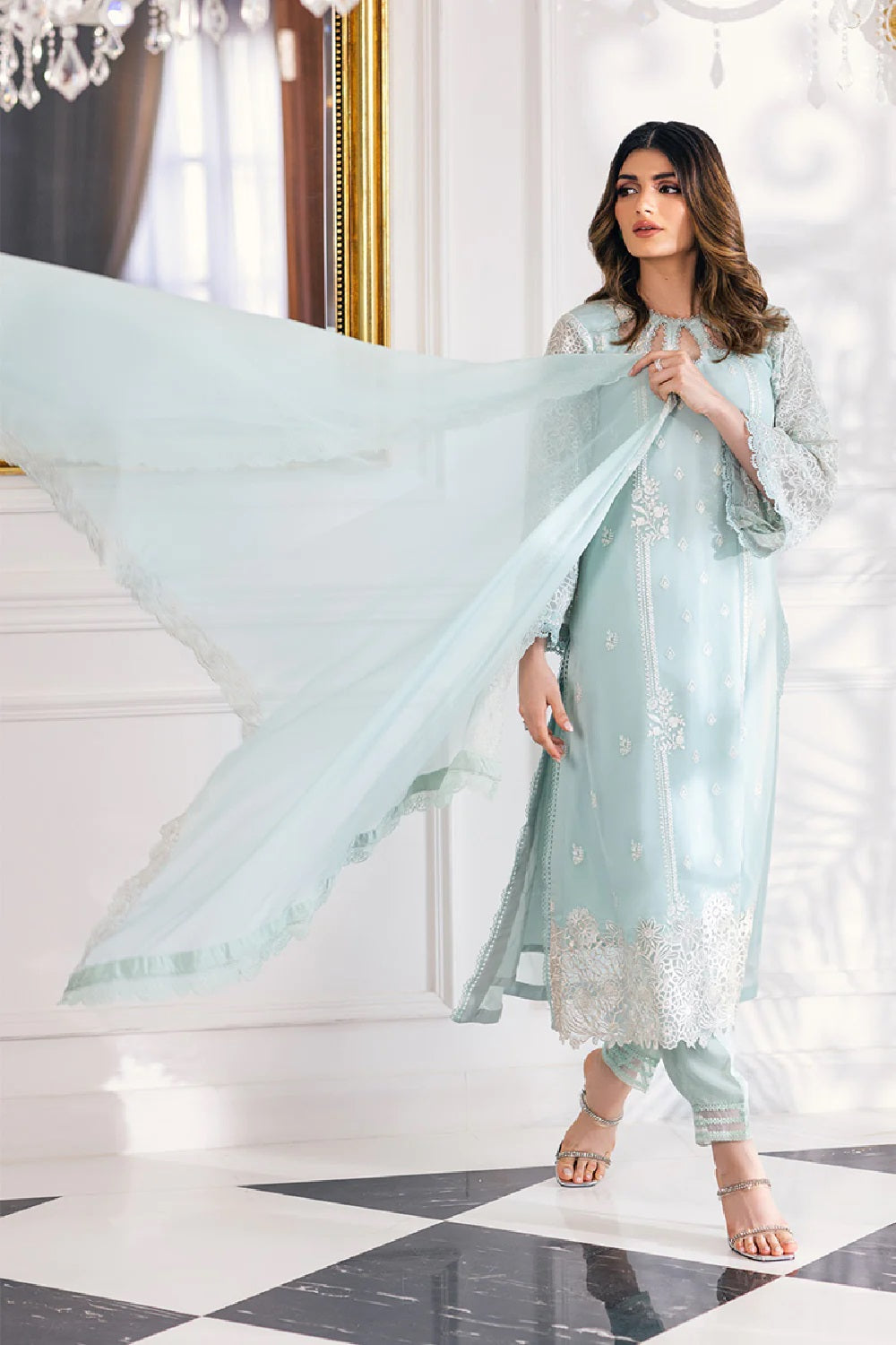 Sea Blue Chiffon Embroidered Suit