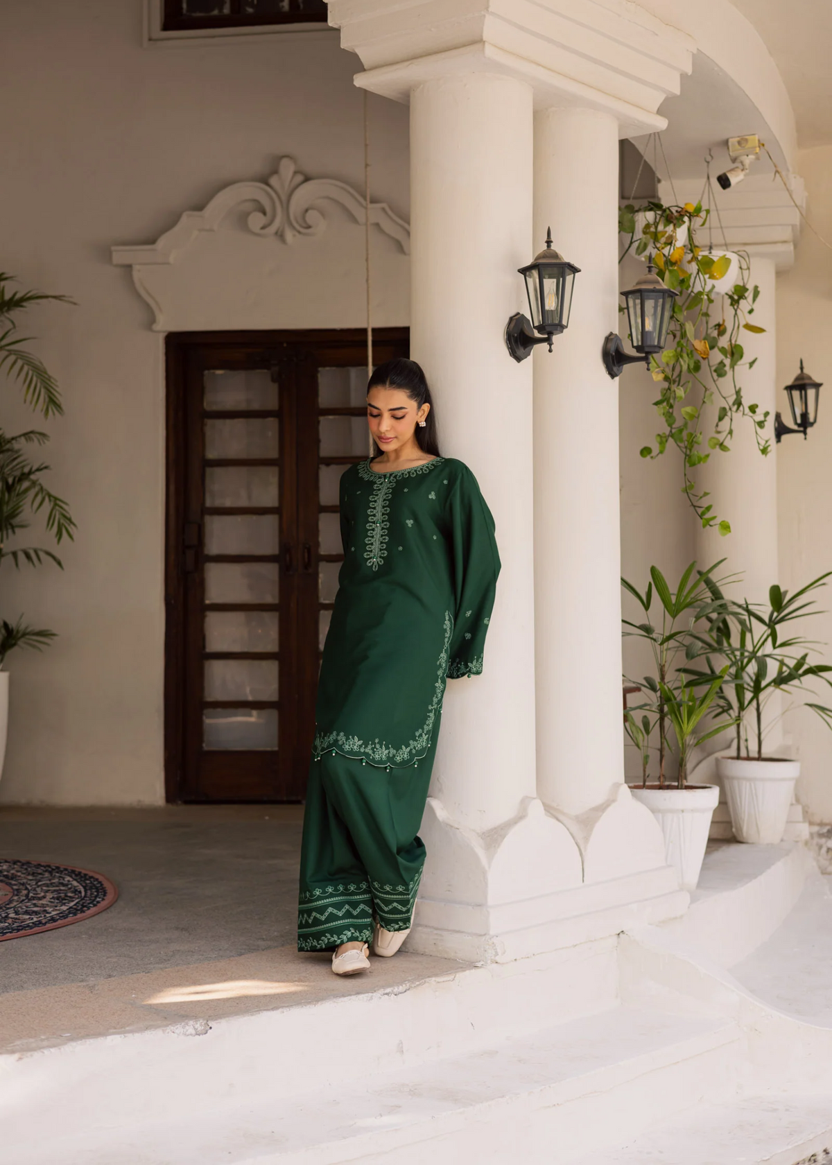 Pure Lawn Bottle Green Straight Cut Kurta with Farshi Shalwar Online in KSA Riyadh Saudi Arabia Oman Bahrain Qatar