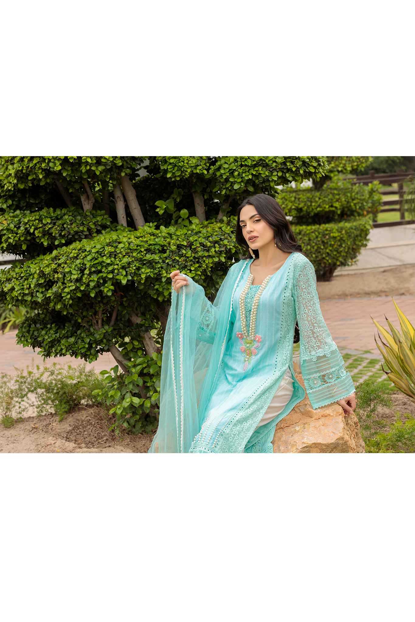 Hand Embroidered Pure Cotton Chikankari Suit with Heavy Pearl Work