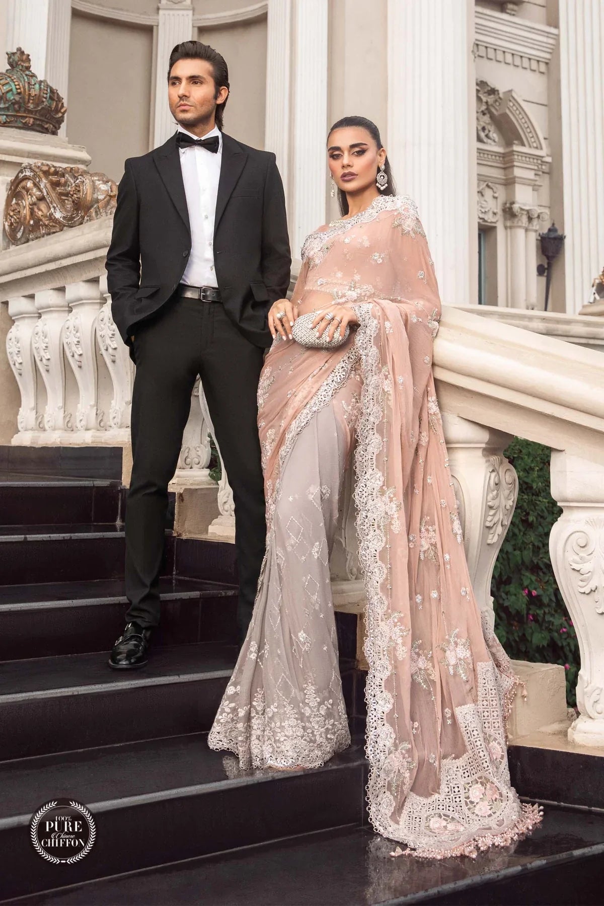 Peach & Grey Pure Chiffon Wedding Saree