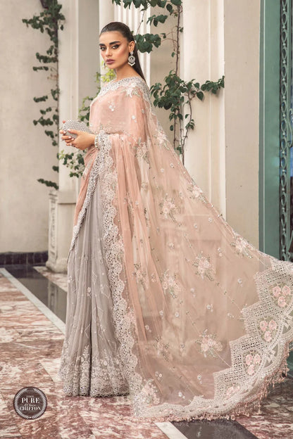 Peach & Grey Pure Chiffon Wedding Saree