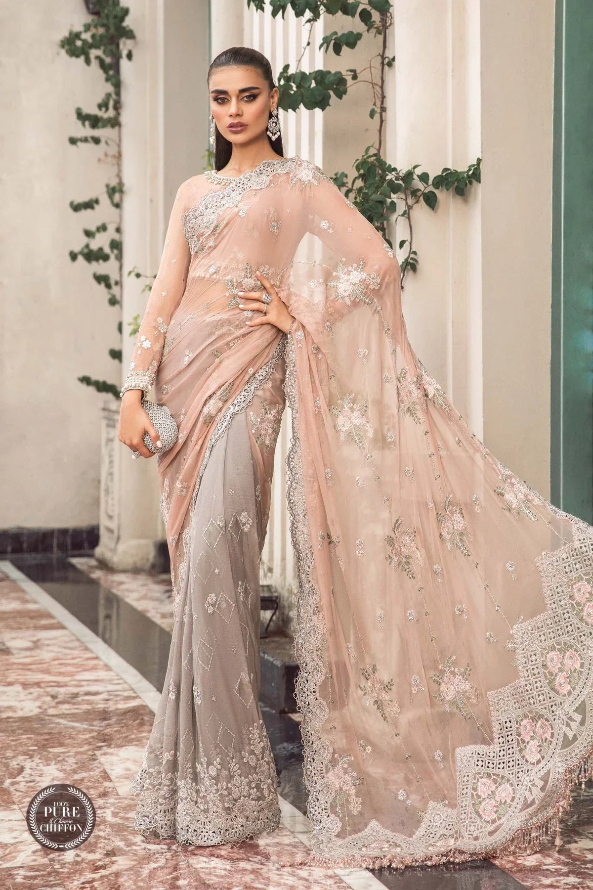 Peach & Grey Pure Chiffon Wedding Saree