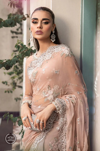 Peach & Grey Pure Chiffon Wedding Saree